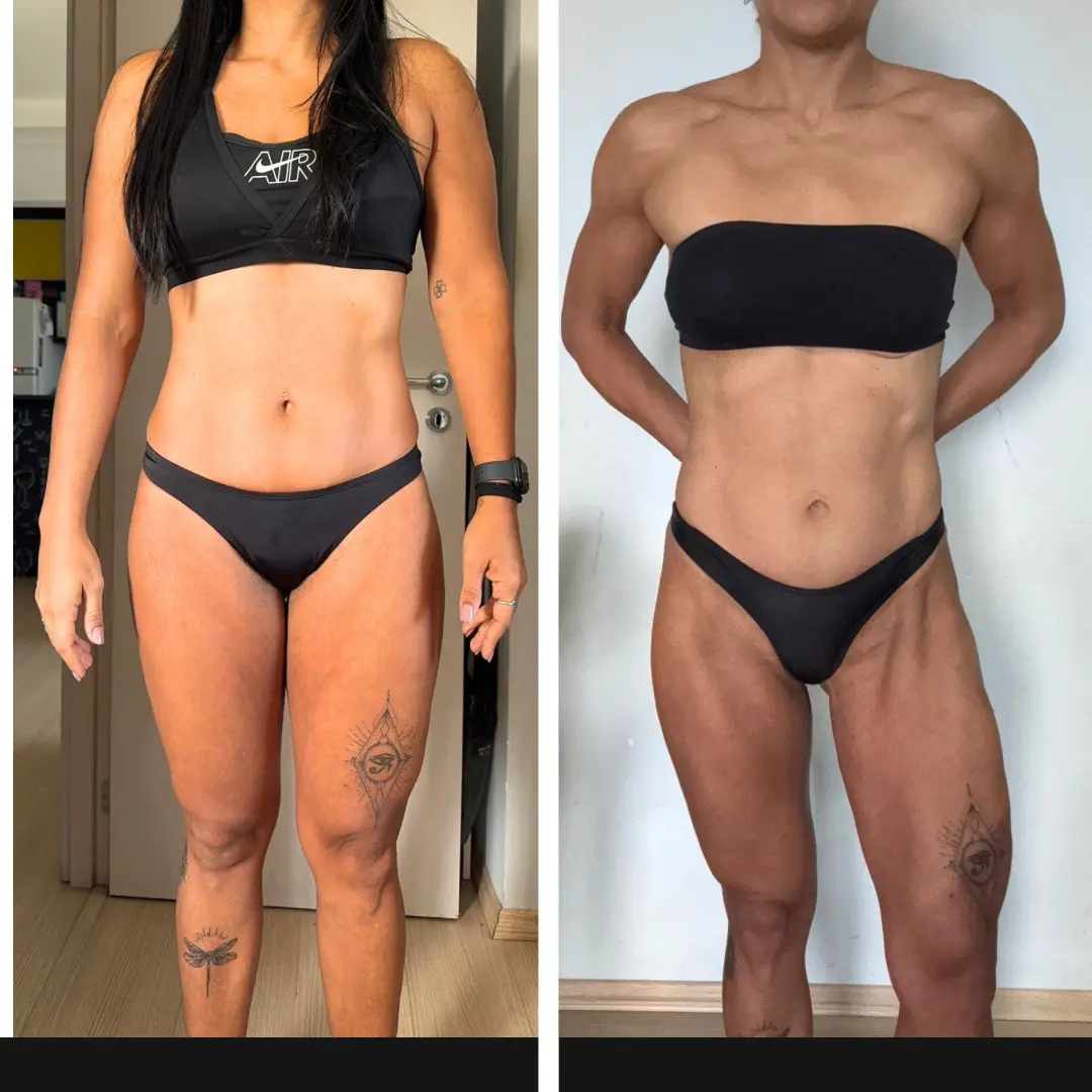 Antes e depois de evolução física feminina vista de frente
