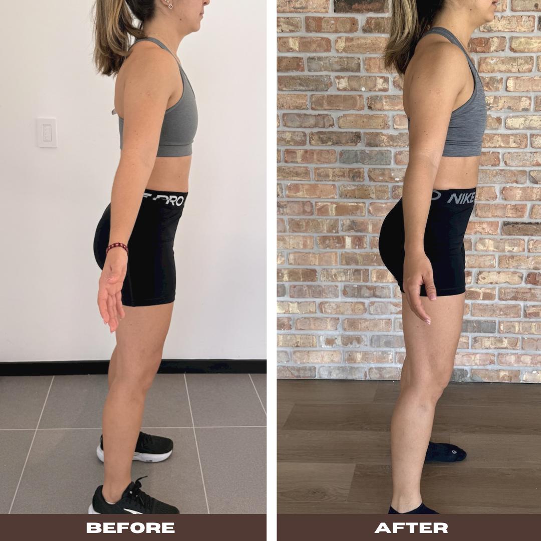 Antes e depois de evolução física feminina vista de lado