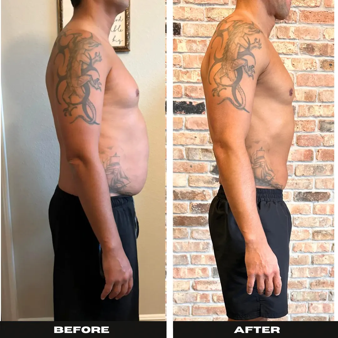 Antes e depois de evolução física masculina vista de lado