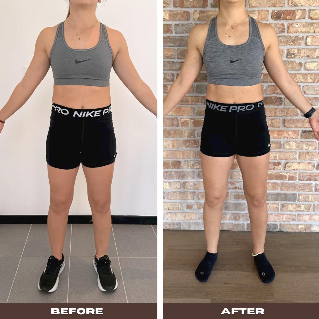 Antes e depois de evolução física feminina vista de frente