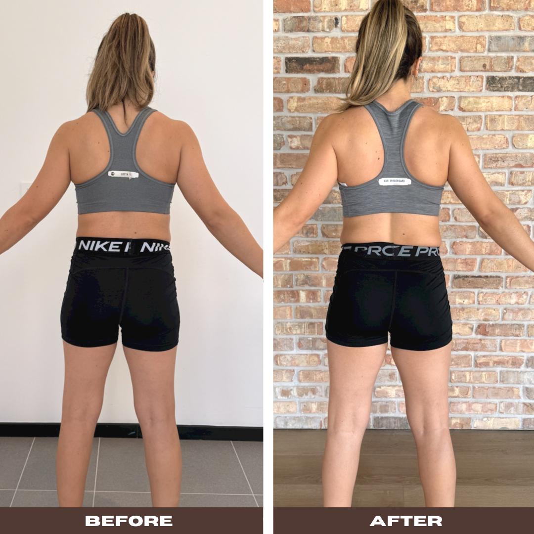 Antes e depois de evolução física feminina vista de costas