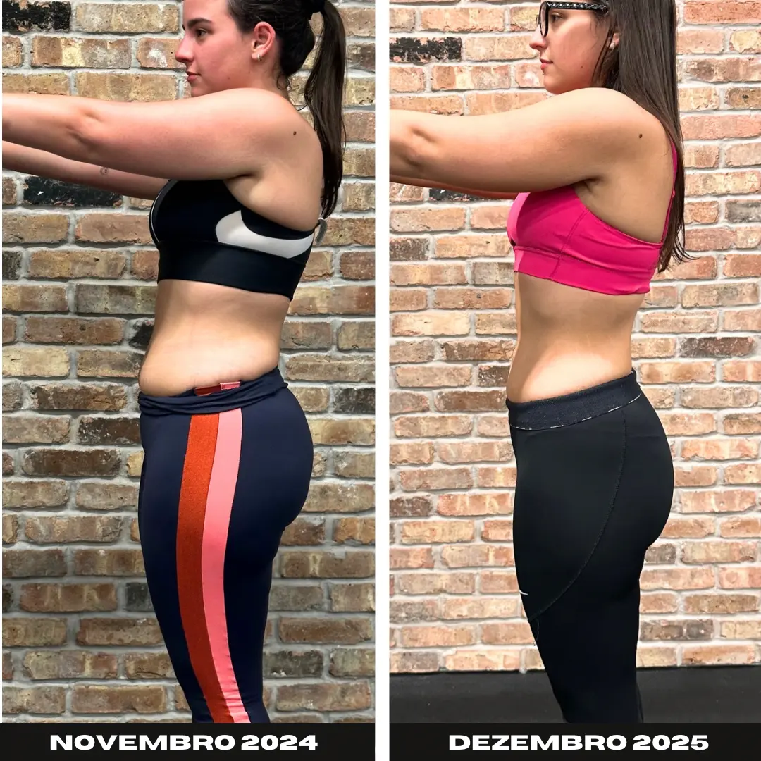 Antes e depois de evolução física feminina vista de lado