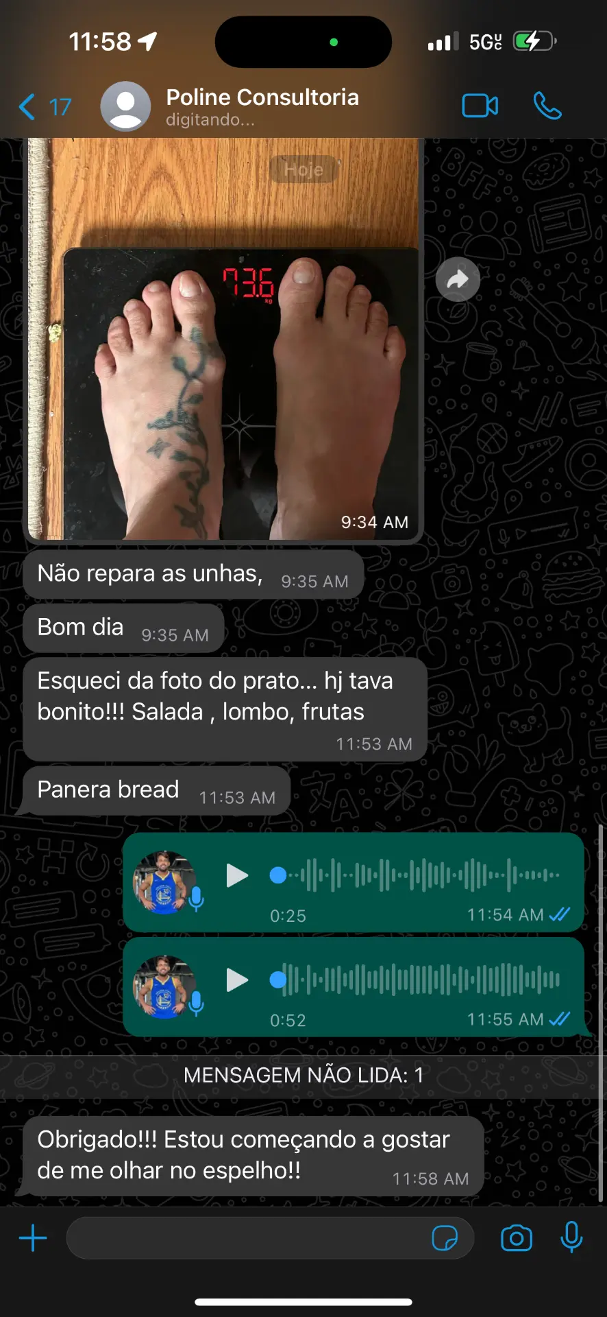 Print de mensagem do aluno: começando a gostar de se olhar no espelho