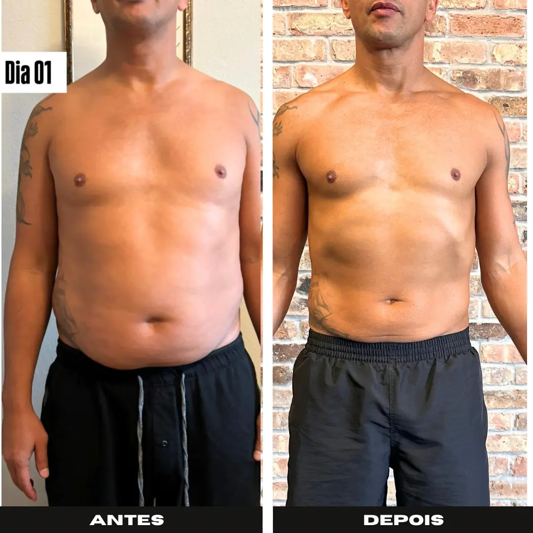 Antes e depois de evolução física masculina do dia 1 ao depois