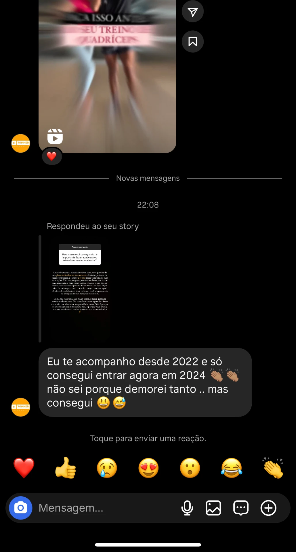 Print de mensagem de aluno que acompanha Bruno desde 2022 e conseguiu entrar em 2024
